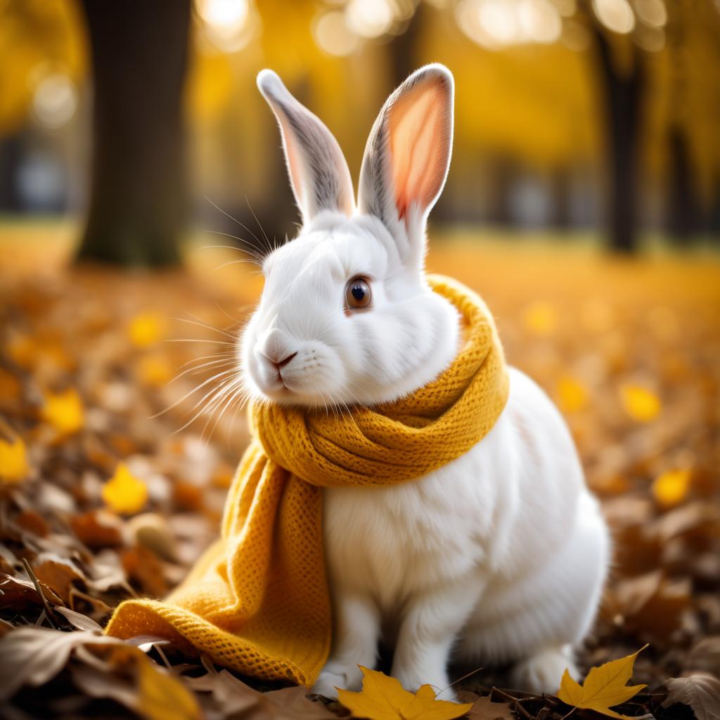 cinematic autumn scene of dutch rabbit in a yellow scarf, highly detailed and beautiful.