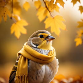 cinematic autumn scene of finch bird in a yellow scarf, highly detailed and beautiful.