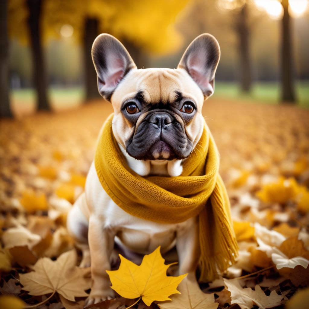 cinematic autumn scene of french bulldog in a yellow scarf, highly detailed and beautiful.