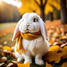 cinematic autumn scene of american fuzzy lop rabbit in a yellow scarf, highly detailed and beautiful.