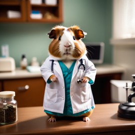 american guinea pig as a doctor in an office, detailed and charming, with high budget, bokeh, and a moody atmosphere.