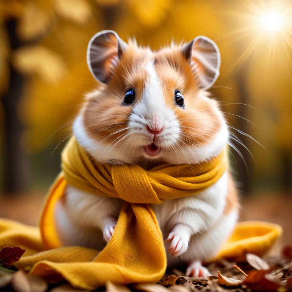 cinematic autumn scene of syrian hamster in a yellow scarf Royalty Free Portrait DrawMy.Pet