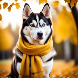 cinematic autumn scene of siberian husky in a yellow scarf, highly detailed and beautiful.