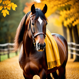 cinematic autumn scene of morgan horse in a yellow scarf, highly detailed and beautiful.