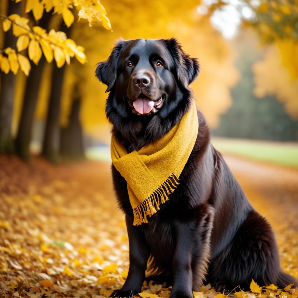 cinematic autumn scene of newfoundland in a yellow scarf, highly detailed and beautiful.