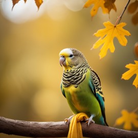 cinematic autumn scene of parakeet (budgerigar) bird in a yellow scarf, highly detailed and beautiful.