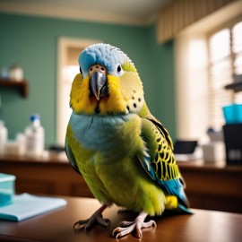 parakeet (budgerigar) bird as a doctor in an office, detailed and charming, with high budget, bokeh, and a moody atmosphere.