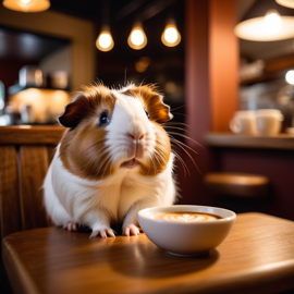 peruvian guinea pig sitting in a cozy coffee shop with a cup of coffee, detailed and vibrant.