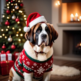 saint bernard in a christmas sweater and santa hat, festive and detailed.