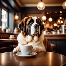 saint bernard sitting in a cozy coffee shop with a cup of coffee, detailed and vibrant.