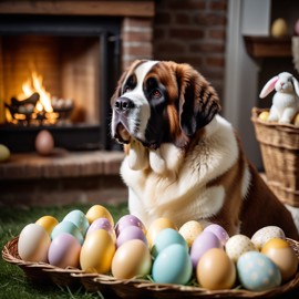 saint bernard in a beautiful easter setting with colorful eggs, highly detailed and charming.