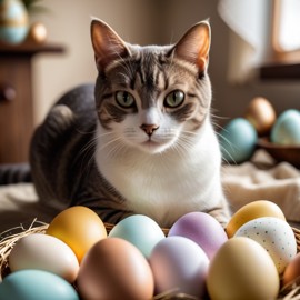 domestic shorthair cat in a beautiful easter setting with colorful eggs, highly detailed and charming.