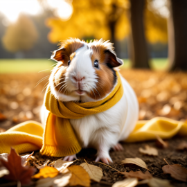 cinematic autumn scene of teddy guinea pig in a yellow scarf, highly detailed and beautiful.