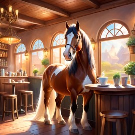 clydesdale horse sitting in a cozy coffee shop, ethereal and magical.