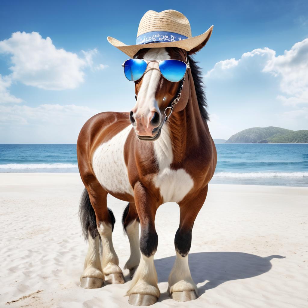 clydesdale horse on a beach with white sand and blue sea, wearing sunglasses and summer hat.