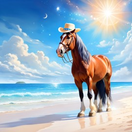 clydesdale horse on a beach with white sand and blue sea, wearing sunglasses and summer hat.