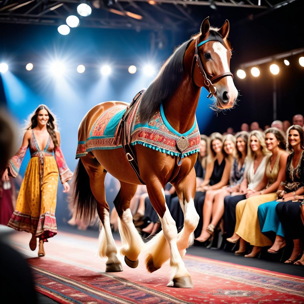 clydesdale horse strutting down the fashion show catwalk stage in a colorful bohemian outfit with flowing fabrics, high energy and joyful.