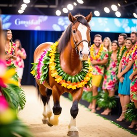 clydesdale horse strutting down the fashion show catwalk stage in a vibrant hawaiian shirt and a floral lei, high energy and joyful.