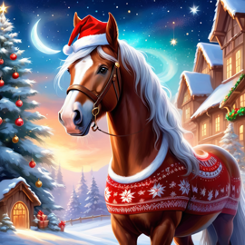 clydesdale horse in a christmas sweater and santa hat, ethereal and magical.