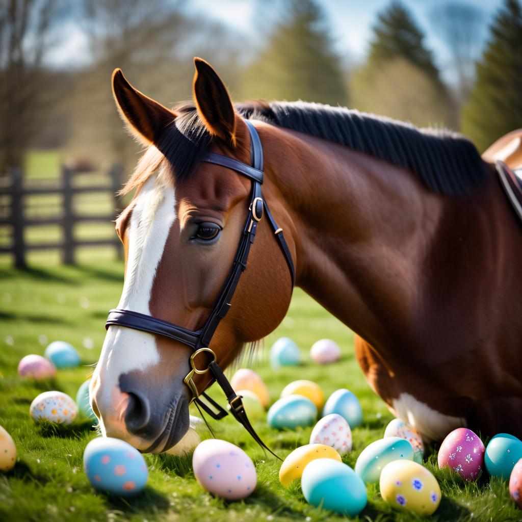 clydesdale horse in a beautiful easter setting with colorful eggs, highly detailed and charming.