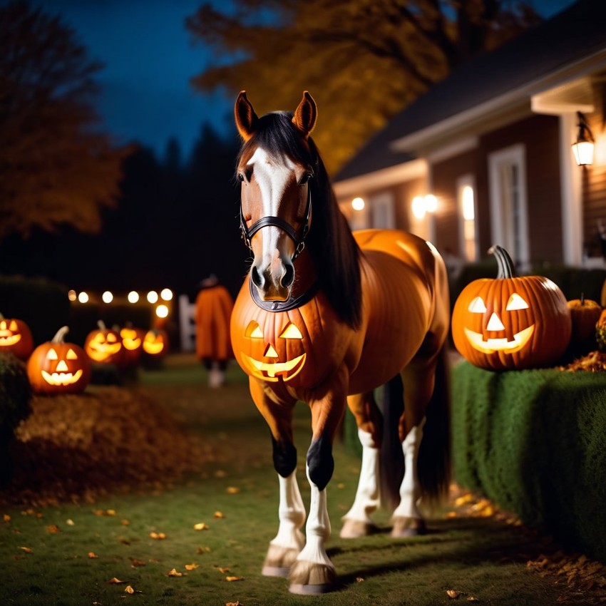 clydesdale horse in a halloween costume with pumpkins and eerie decorations, highlighting their festive spirit.