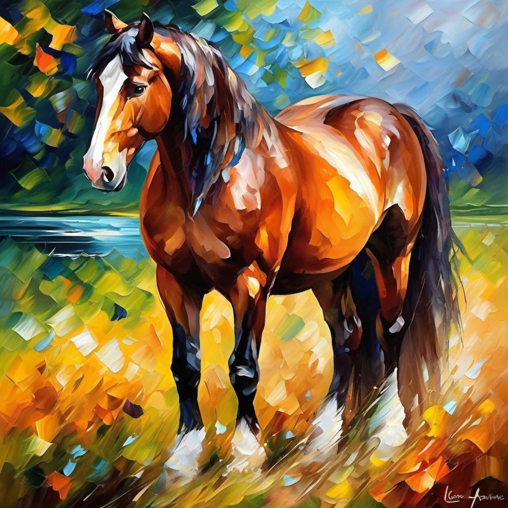 knife oil painting of clydesdale horse in the style of leonid afremov and degas, featuring vibrant, textured brushstrokes.