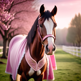 clydesdale horse dressed in pink clothing, in a beautiful pink scene, radiating joy and cuteness.