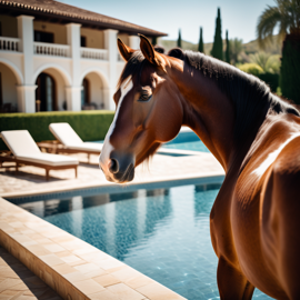 clydesdale horse suntanning next to a luxurious villa pool, capturing a posh and happy moment.