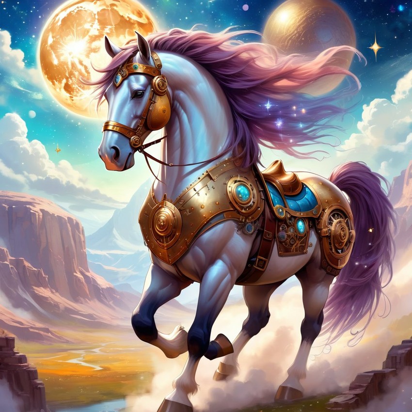 clydesdale horse in a steampunk style, cute and happy, with a magical and painterly quality.