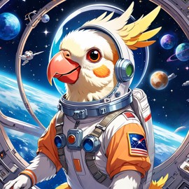 anime illustration of cockatiel bird as astronaut in space, wearing spacesuit, vibrant and detailed.