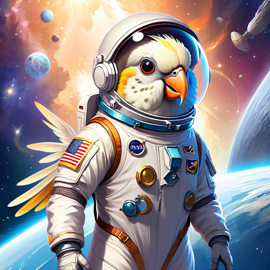 cockatiel bird as astronaut in space, ethereal and magical style, wearing spacesuit.