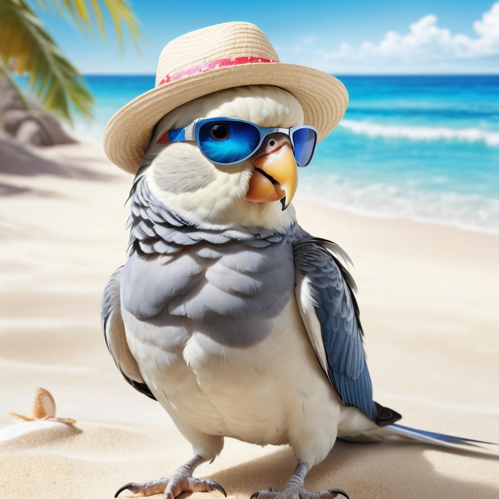 cockatiel bird on a beach with white sand and blue sea, wearing sunglasses and summer hat.