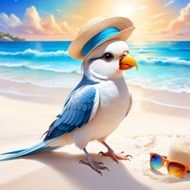 cockatiel bird on a beach with white sand and blue sea, wearing sunglasses and summer hat.