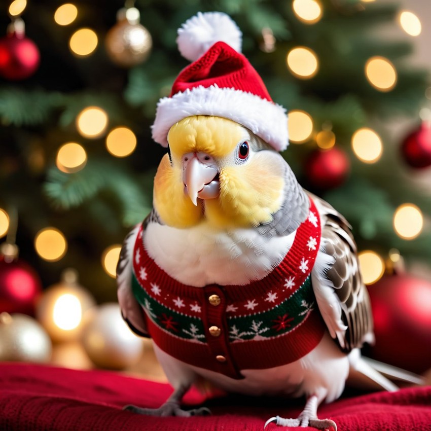 cockatiel bird in a christmas sweater and santa hat, festive and detailed.