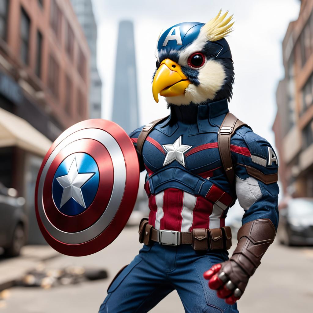 cockatiel bird as captain america from avengers, in action, cute and happy.