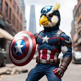 cockatiel bird as captain america from avengers, in action, cute and happy.