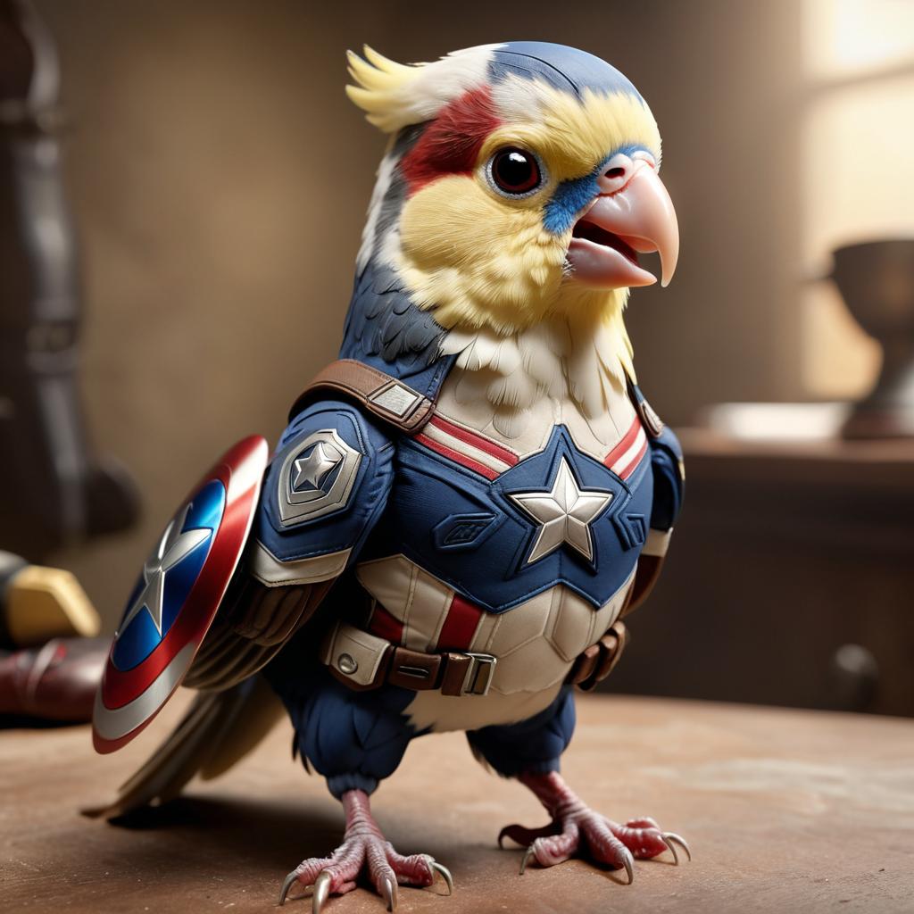 cockatiel bird as captain america from avengers, lifelike and highly detailed.