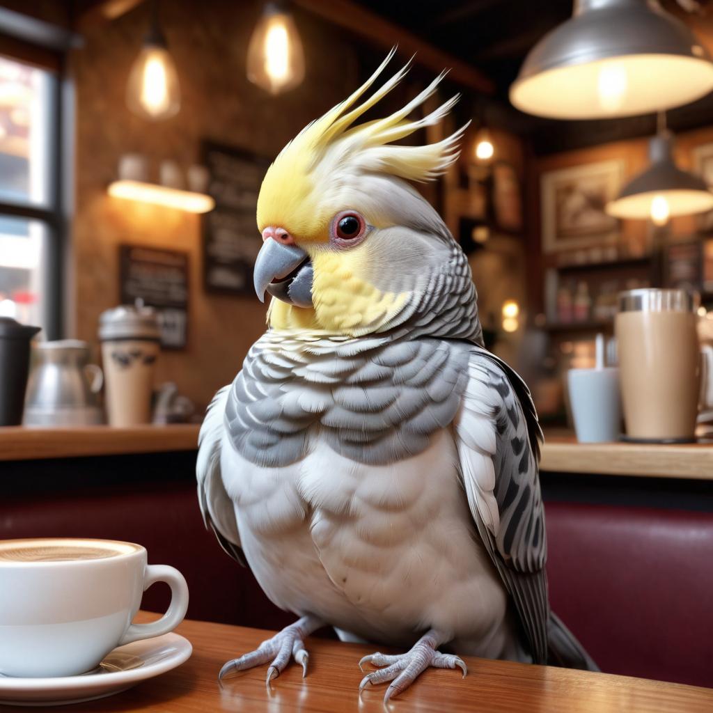 cockatiel bird sitting in a cozy coffee shop, lifelike and detailed.