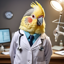 cockatiel bird as a doctor with extreme detail in a studio setting, lifelike and high resolution.