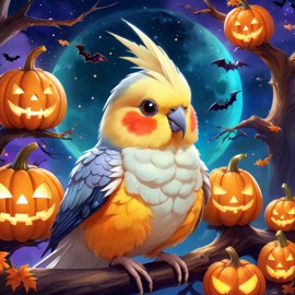 cockatiel bird in a halloween costume, with a magical and ethereal atmosphere surrounded by pumpkins.