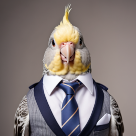 professional headshot of cockatiel bird wearing a shirt and tie for a cv or linkedin, studio photo.