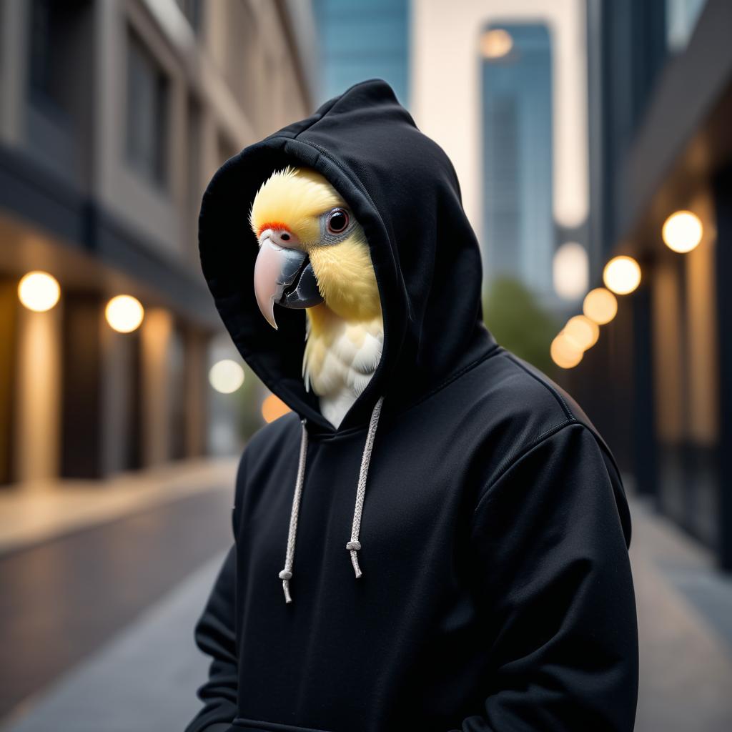 cockatiel bird in a black hoodie, set against a modern urban backdrop, emphasizing a stylish and trendy look.