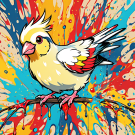 cockatiel bird in pollock's drip technique, capturing dynamic and colorful modern art.