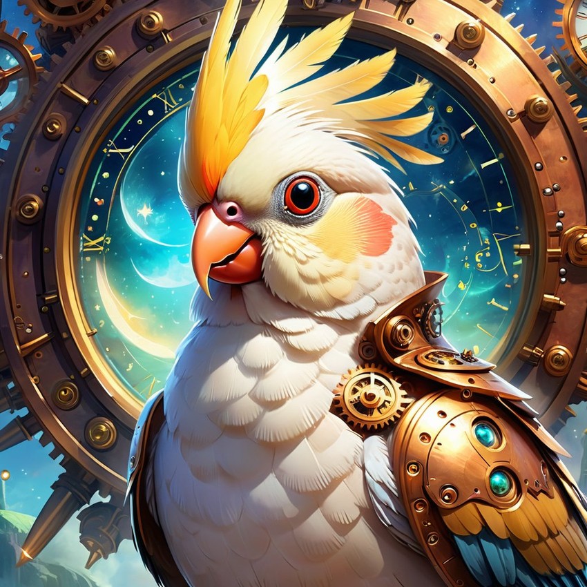 cockatiel bird in a steampunk style, cute and happy, with a magical and painterly quality.