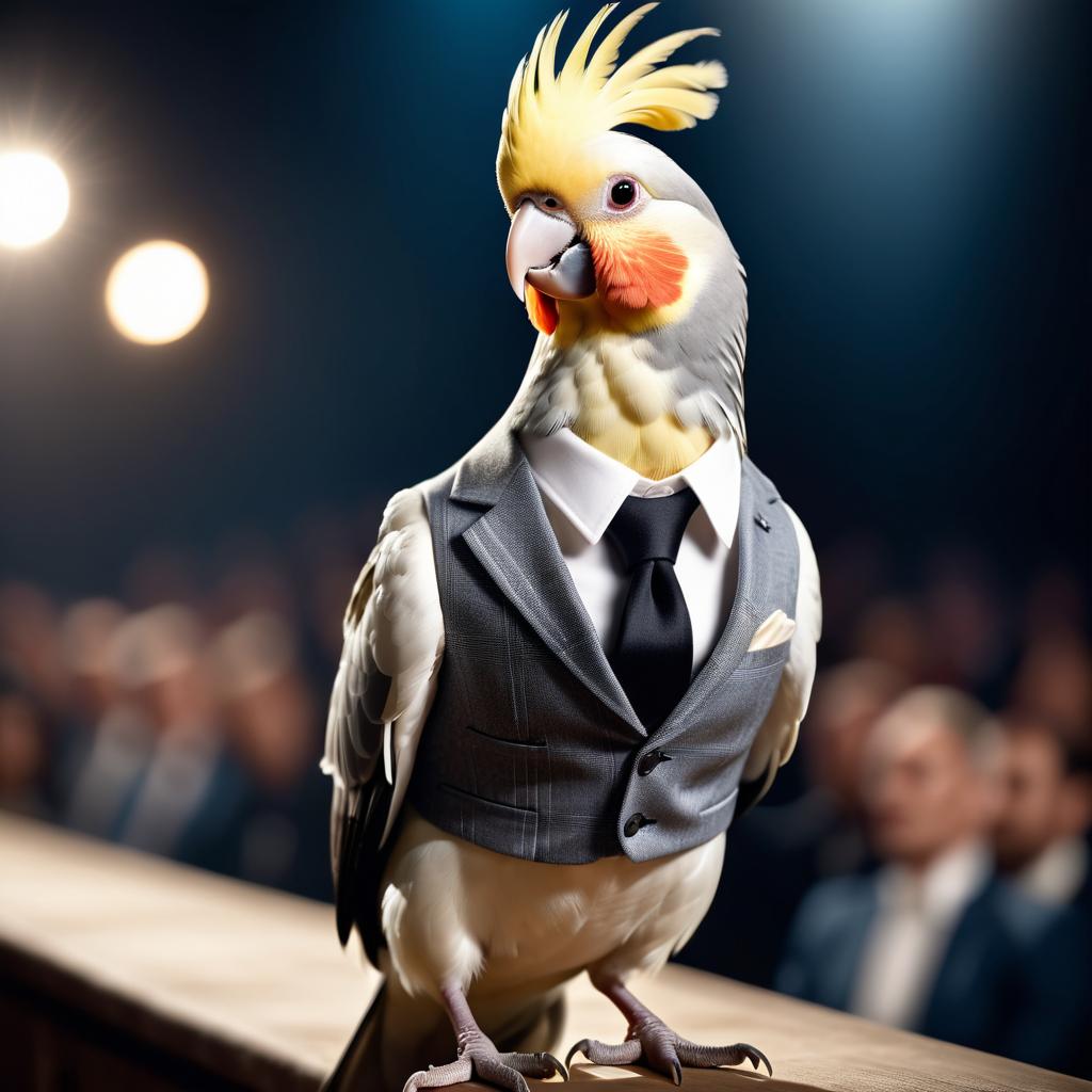 cockatiel bird in a classy suit on a fashion stage, showcasing elegance and charm in a highly detailed, epic scene.