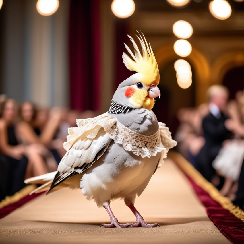 cockatiel bird strutting down the fashion show catwalk stage in a vintage victorian outfit with lace and ruffles, high energy and majestic.