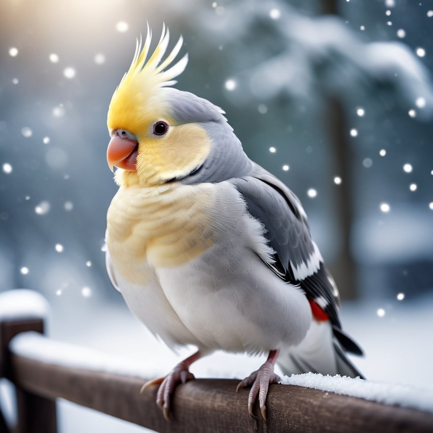 cockatiel bird in a beautiful winter scene, wearing stylish winter clothing, looking cute and happy.