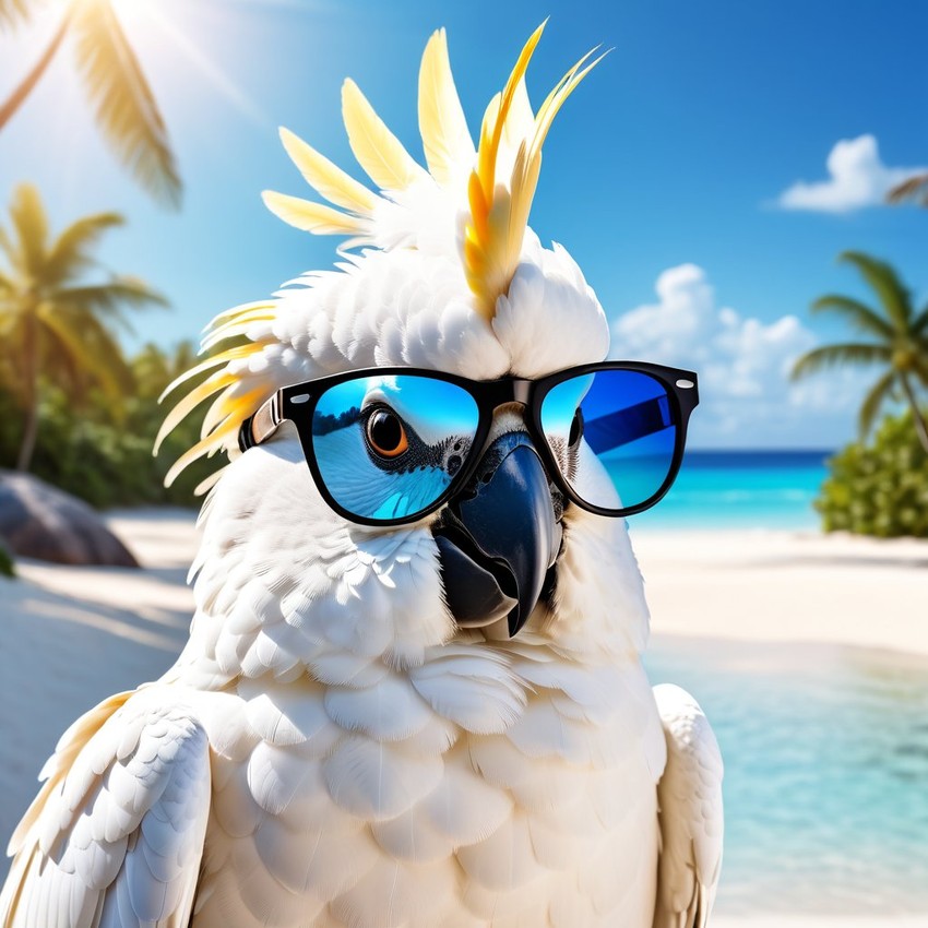 cockatoo bird on a beautiful beach with white sand and blue sea, wearing sunglasses.