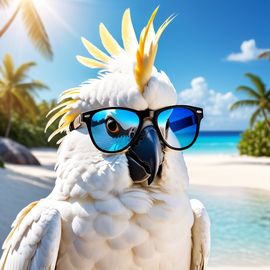 cockatoo-bird-beach-white-sand-blue-sea-sunglasses-09b70898b439435ebd5b0fffbca2629e