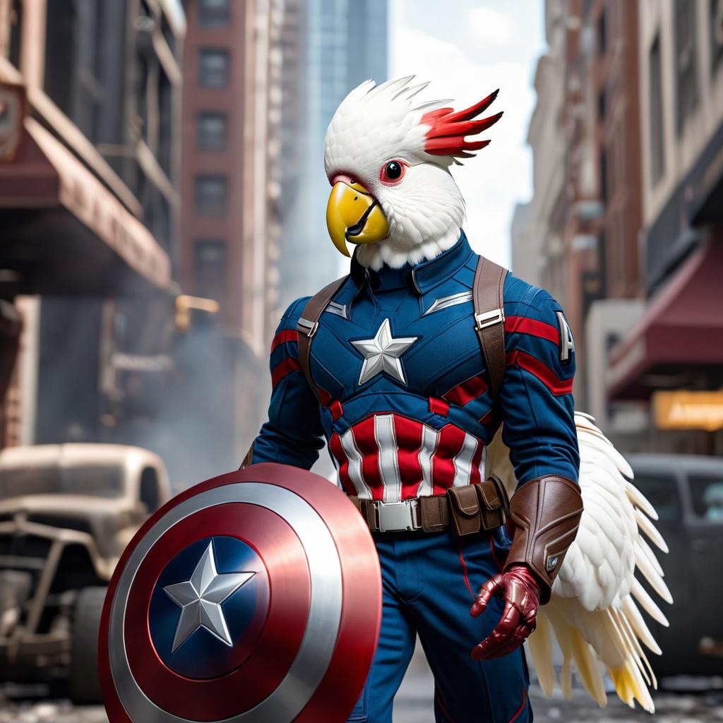 cockatoo bird as captain america from avengers, in action, cute and happy.